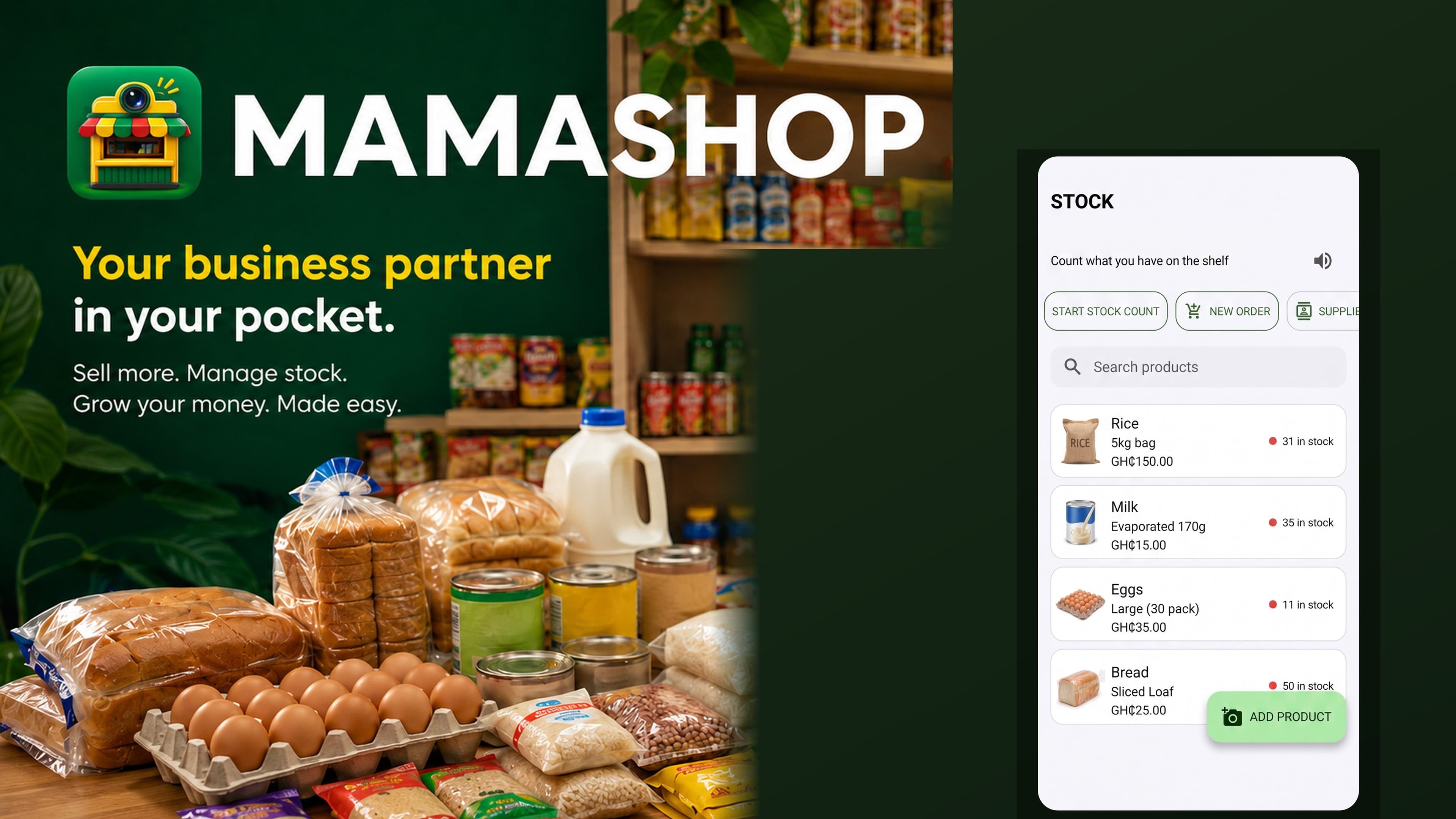 The Mamashop app, with product stock listed on a flat screen over a shop shelf backdrop