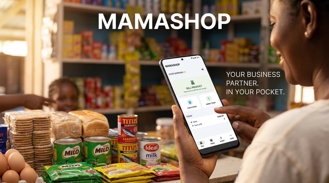 A shop owner using Mamashop on her phone at the counter of her provision shop, with the SELL PRODUCT screen open