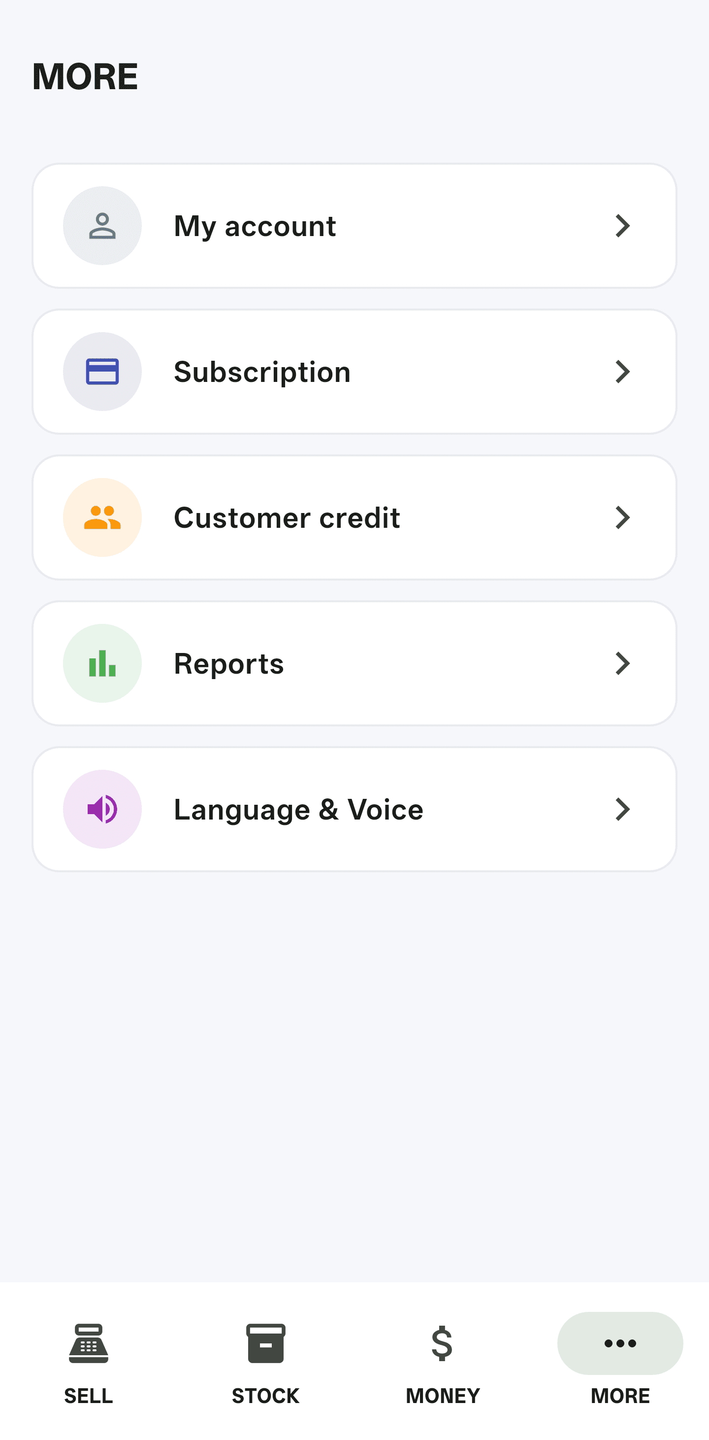 The More menu, where Customer Credit is one of the shop tools alongside Reports and Subscription