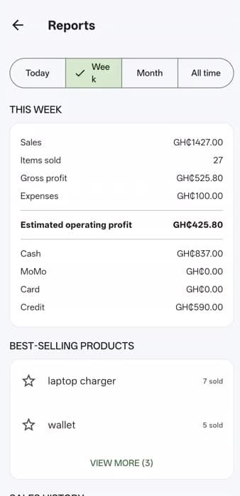 The Reports screen showing weekly sales and best-selling products