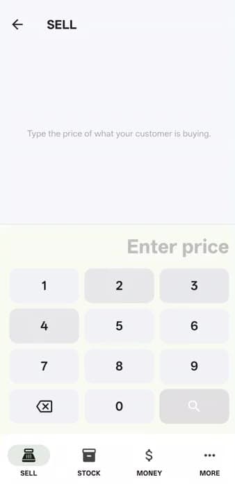 The SELL screen with its calculator-style price keypad