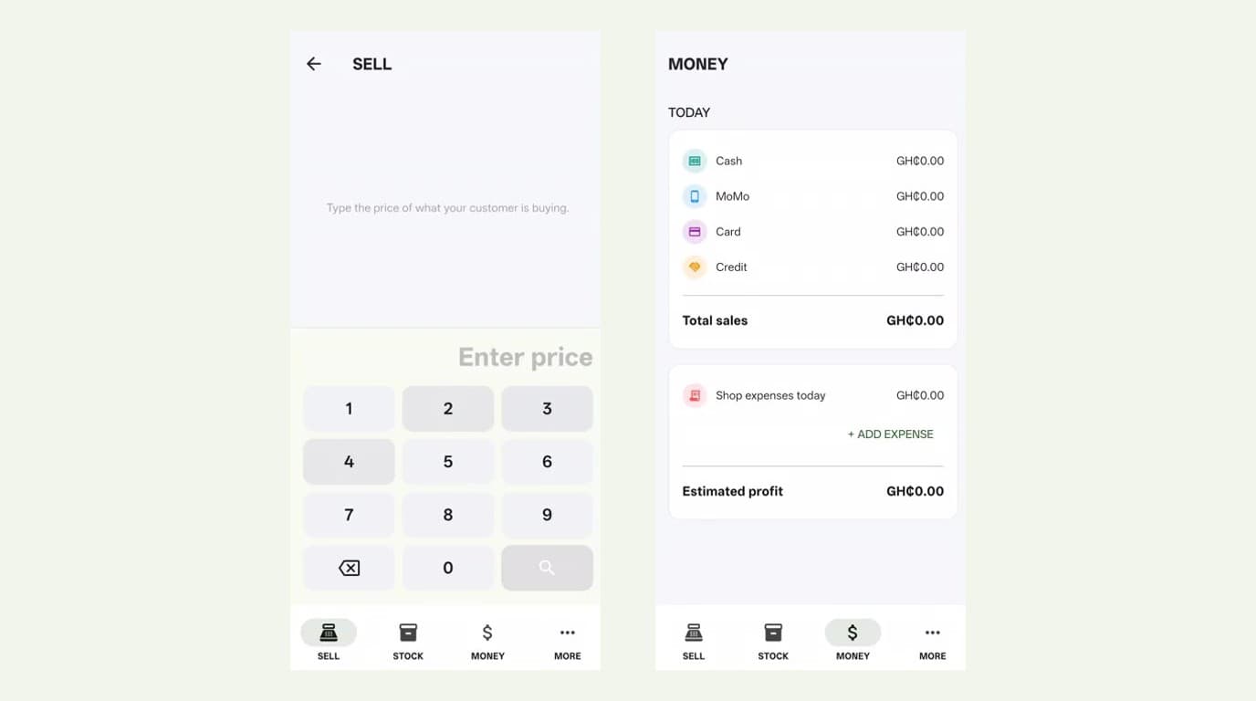 The Mamashop SELL and MONEY screens side by side on a light background