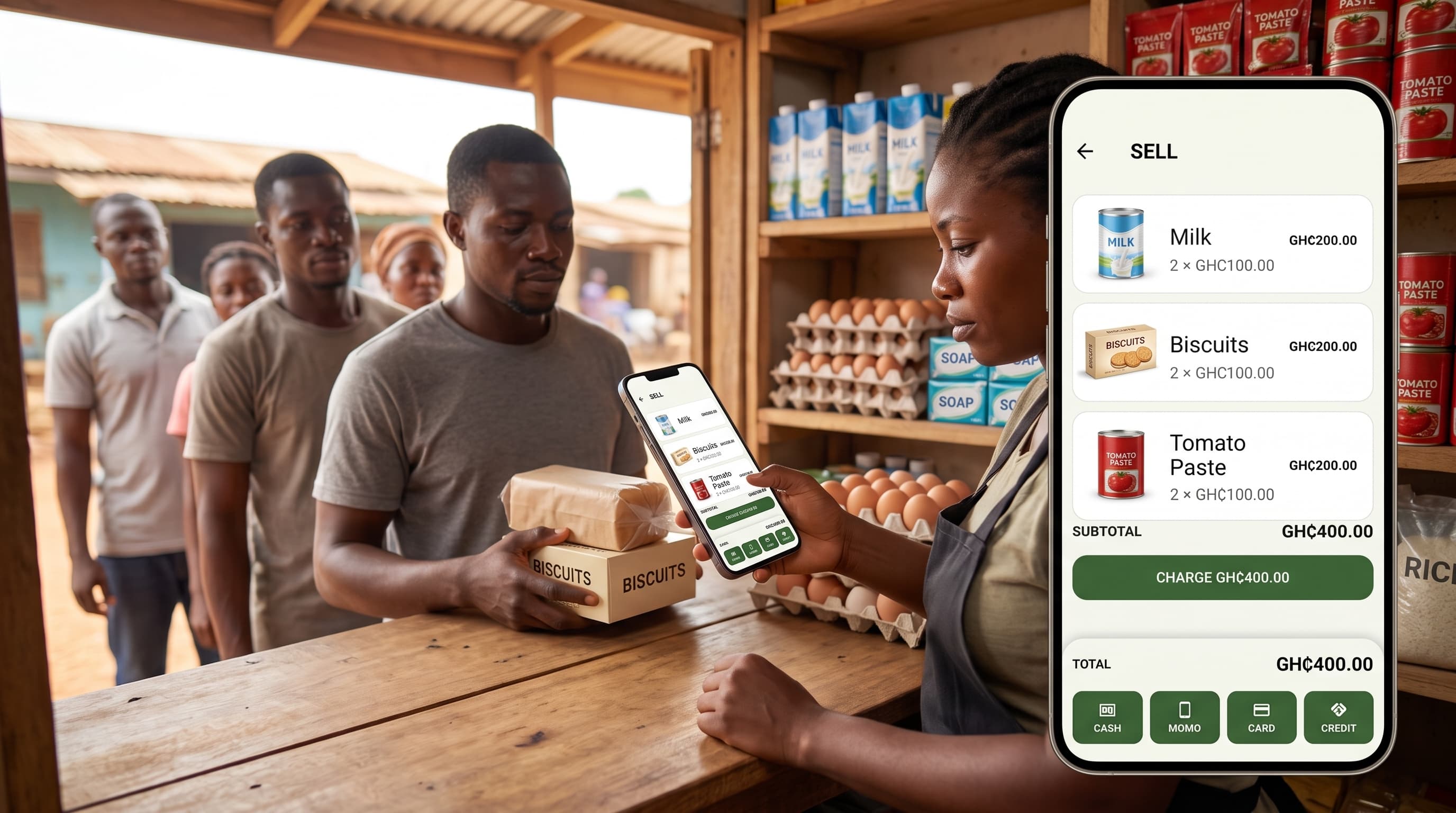 A seller using the SELL screen to ring up milk, biscuits and tomato paste for a queue of customers