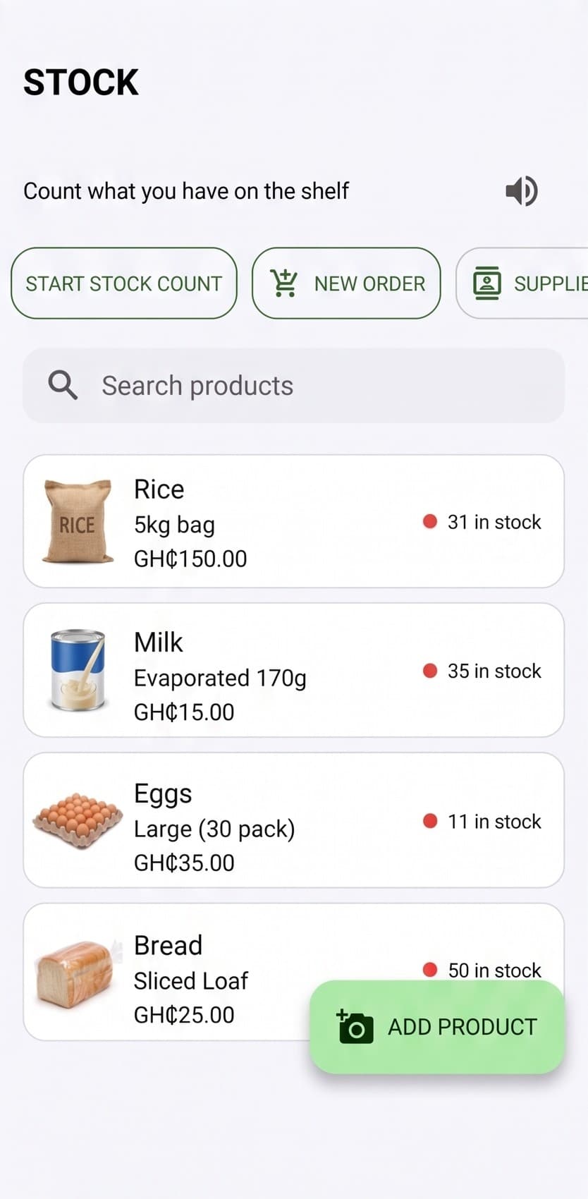 The STOCK screen showing products, quantities in stock and prices